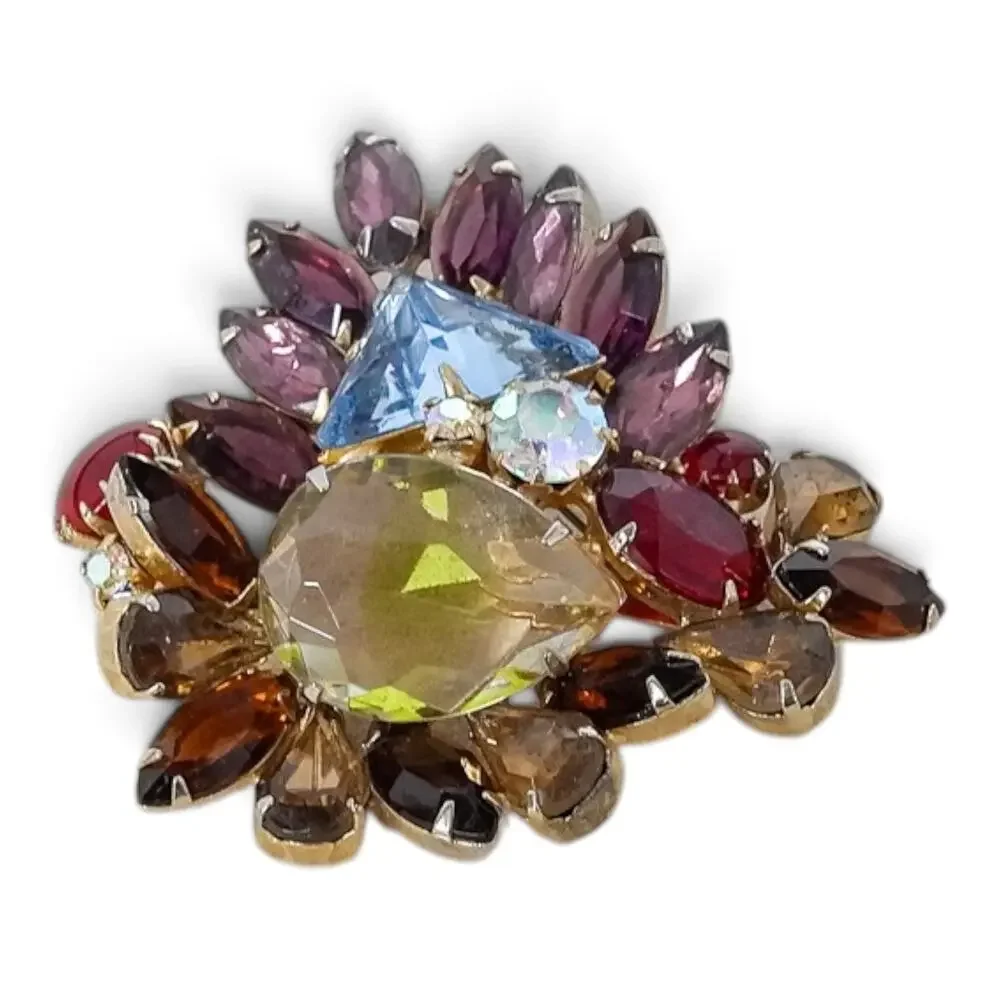 Vintage Juliana Fruit Salad Brooch Multicolor Rhinestone Navette Gold Tone